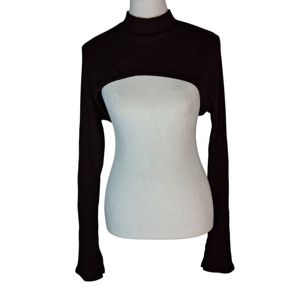 Y2K Dark Brown Ribbed Bolero Shrug Sweater Longsleeve Mock Neck Layering Piece - Picture 1 of 8